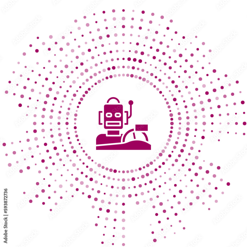 Purple Robot humanoid driving a car icon isolated on white background. Artificial intelligence, machine learning, cloud computing. Abstract circle random dots. Vector Purple Robot humanoid driving a car icon isolated on white background. Artificial intelligence, machine learning, cloud computing. Abstract circle random dots. Vector