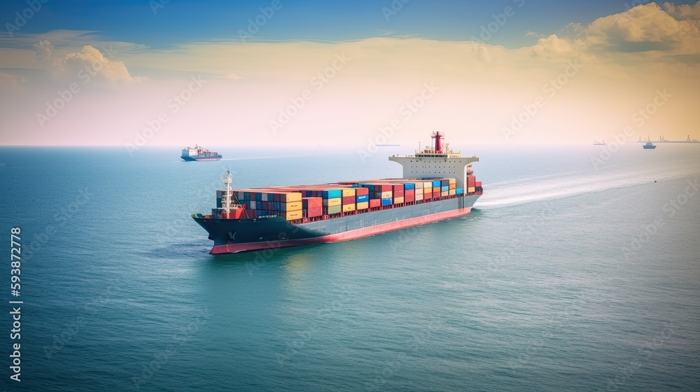 Container ship on the background of the sea, transporting colorful containers. ai generated	