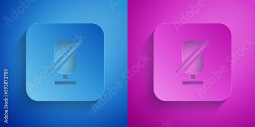 Paper cut Mute microphone icon isolated on blue and purple background. Microphone audio muted. Paper art style. Vector