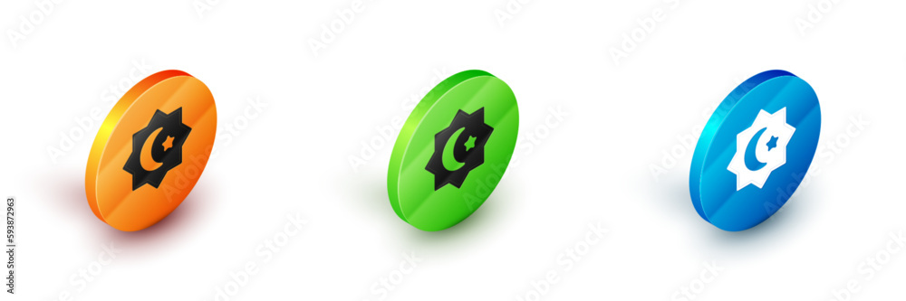 Fototapeta premium Isometric Islamic octagonal star ornament icon isolated on white background. Circle button. Vector
