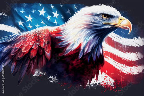 Watercolor american eagle with flag. Generative ai.