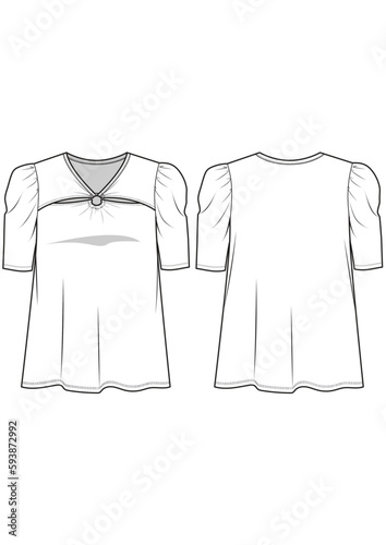 Womenswear fashion top with ring, cutout detail, slit, voluminous puff short sleeves swing silhouette technical drawing / flat sketch /CAD / ADOBE Illustrator vector digital download
