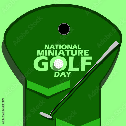 An fun game called miniature golf with mini golf sticks, golf balls and bold text on green background to celebrate National Miniature Golf Day on May