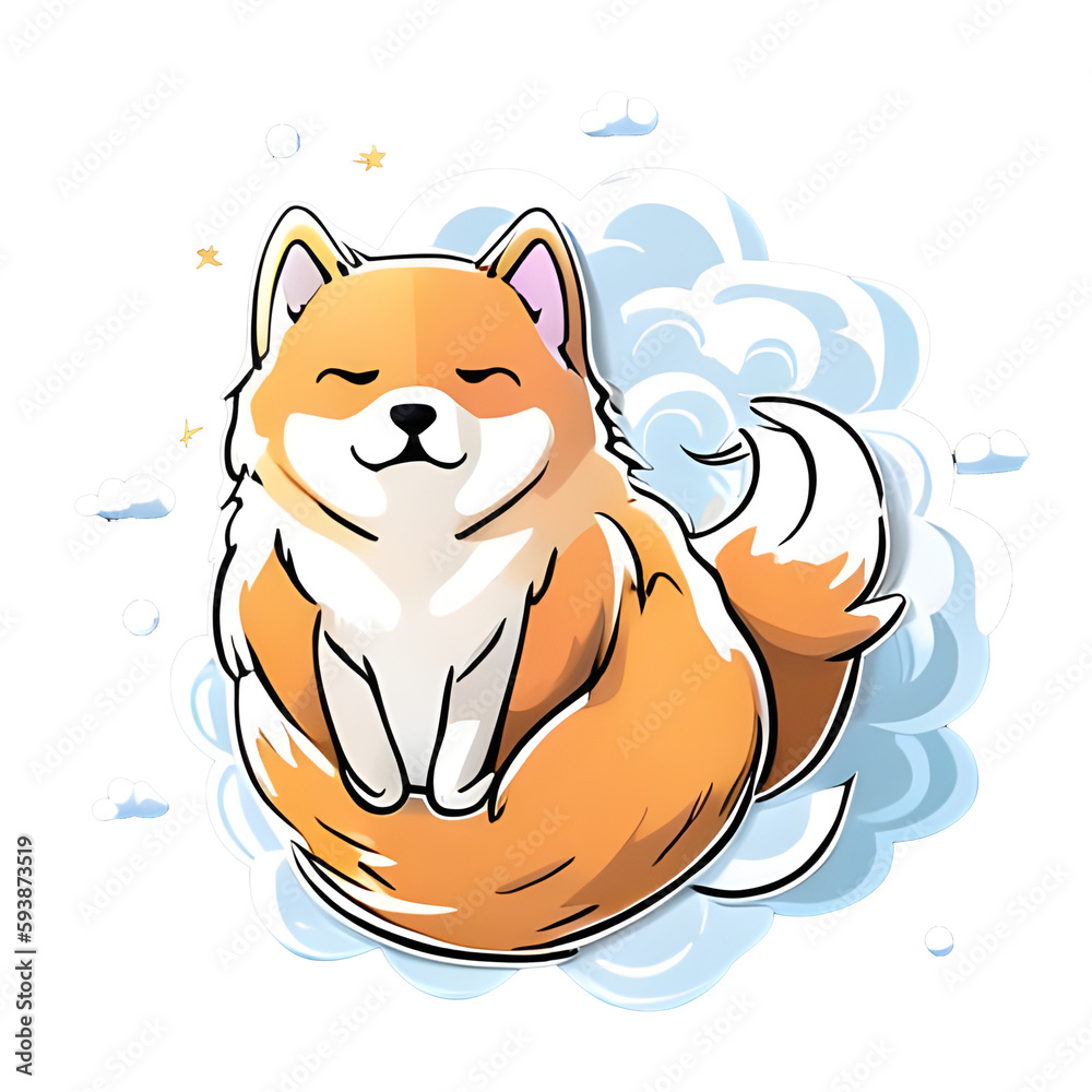 Cute dog, AI generated digital drawing cartoon sticker, pastels colors to use for example as stickers, t-shirt prints or as part of a larger image, transparent background. - obrazy, fototapety, plakaty 