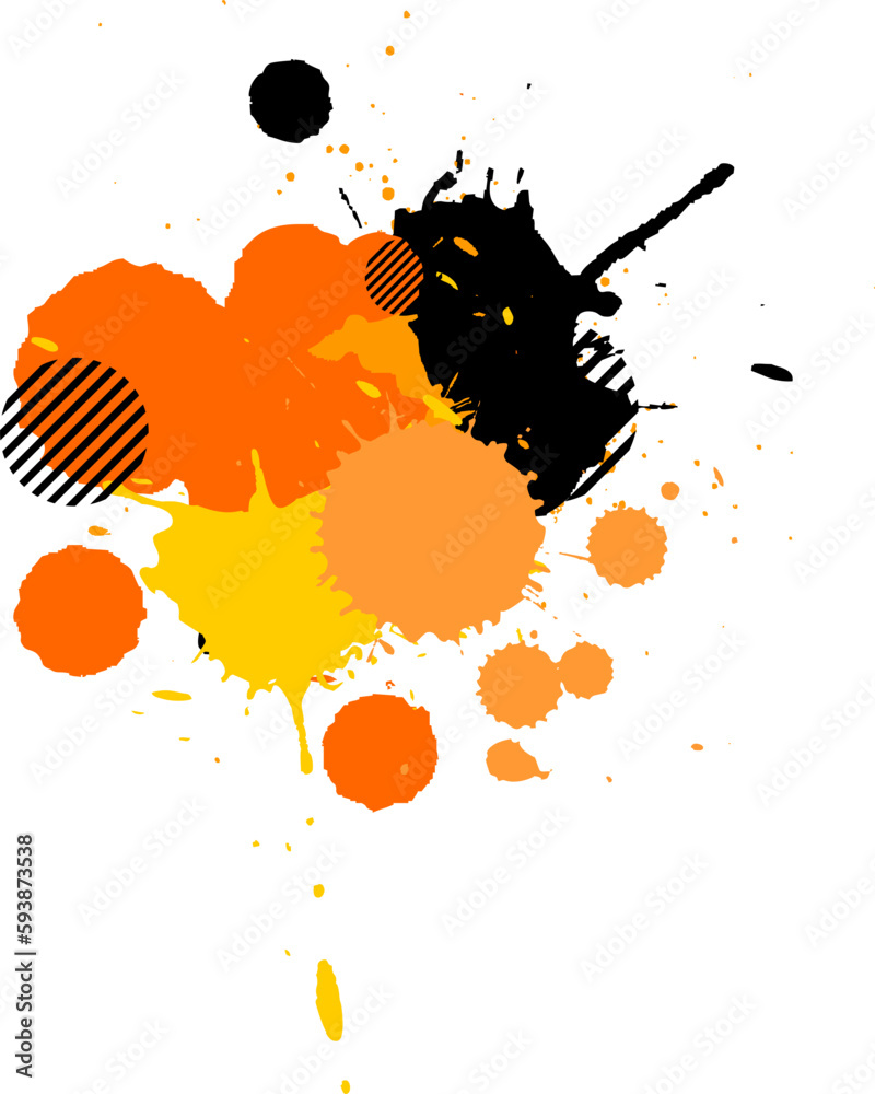 orange yellow black brush splatter painting water color in grunge style graphic element on white background
