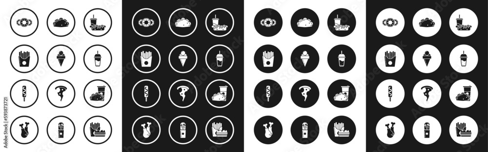 Set Paper glass with drinking straw and hotdog, Ice cream waffle cone, Potatoes french fries carton package box, Donut sweet glaze, Glass of lemonade, Taco tortilla, taco and icon. Vector Set Paper glass with drinking straw and hotdog, Ice cream waffle cone, Potatoes french fries carton package box, Donut sweet glaze, Glass of lemonade, Taco tortilla, taco and icon. Vector