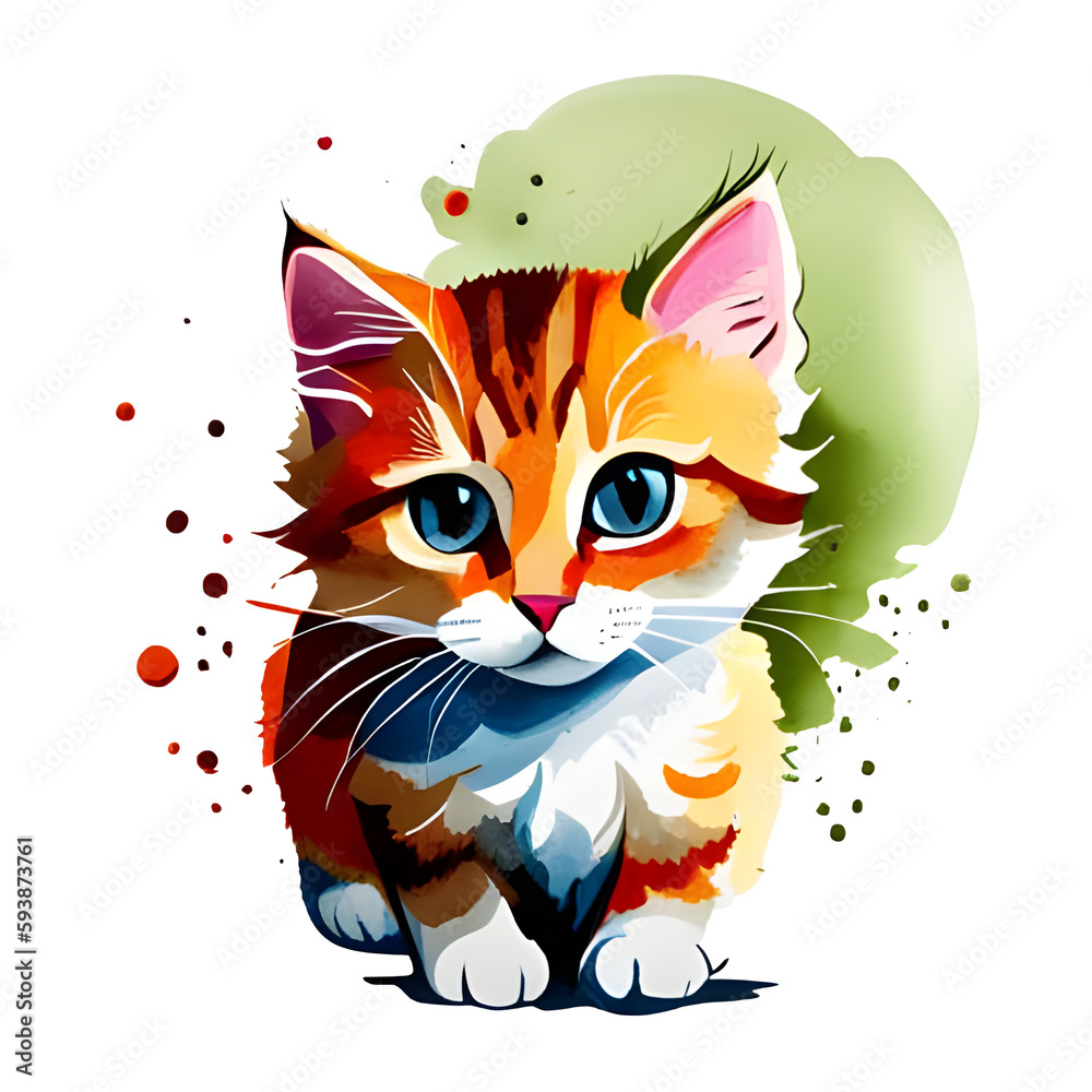 Cute cat, AI generated digital drawing cartoon sticker, pastels colors to use for example as stickers, t-shirt prints or as part of a larger image.