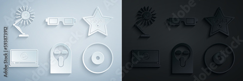 Set Funny and scary ghost mask, Hollywood walk of fame star on celebrity boulevard, Online play video, CD or DVD disk, 3D cinema glasses and Table lamp icon. Vector