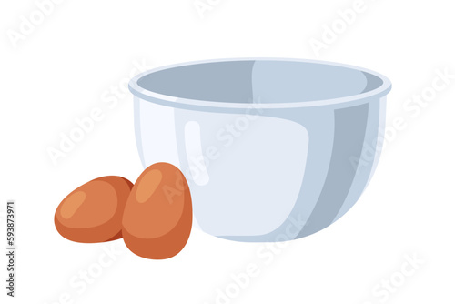 Fresh farm chicken eggs and deep bowl composition. Uncooked raw ingredient in...