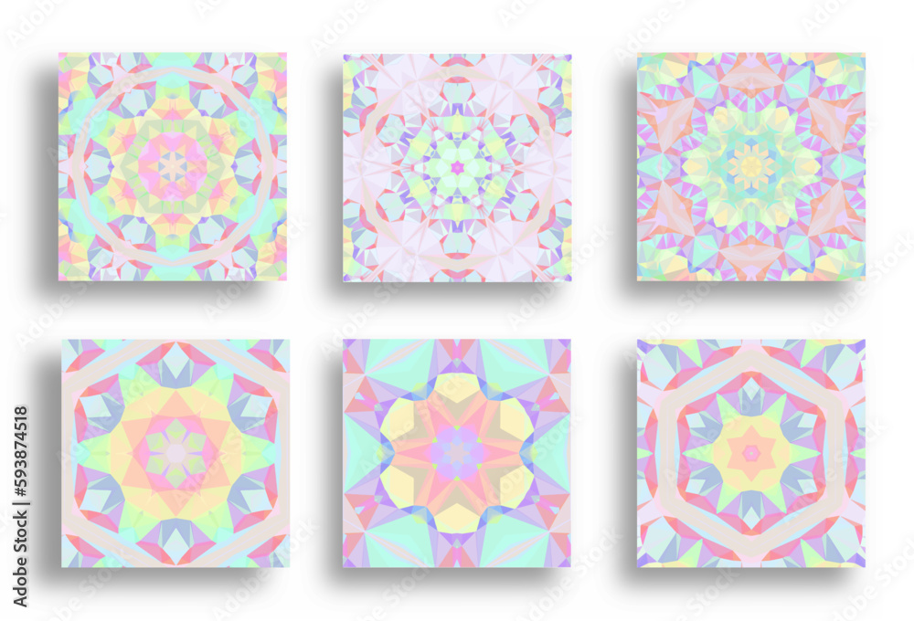 Abstract kaleidoscope background. Beautiful kaleidoscope seamless pattern. Multicolor mosaic texture. Seamless kaleidoscope texture. Unique kaleidoscope design. Set.