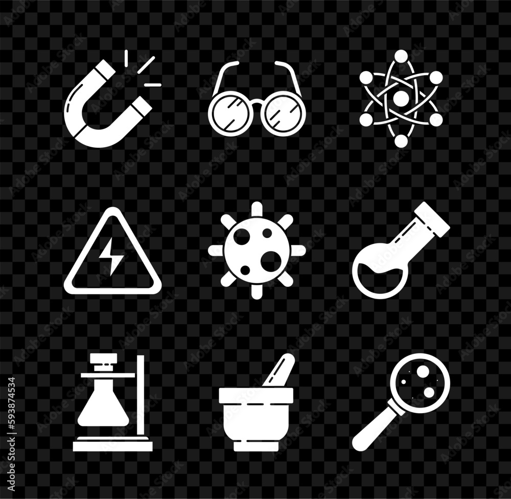 Set Magnet, Laboratory glasses, Atom, Test tube flask on stand, Mortar pestle, Microorganisms under magnifier, High voltage sign and Bacteria icon. Vector Set Magnet, Laboratory glasses, Atom, Test tube flask on stand, Mortar pestle, Microorganisms under magnifier, High voltage sign and Bacteria icon. Vector