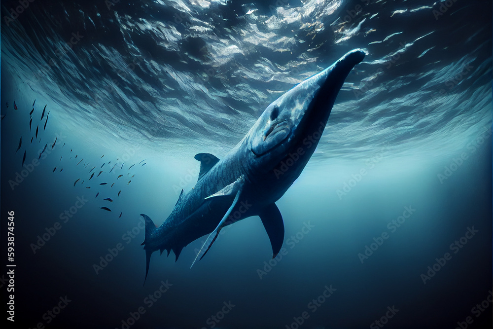 Obraz premium A big blue whale from the depth of the ocean. Generative AI