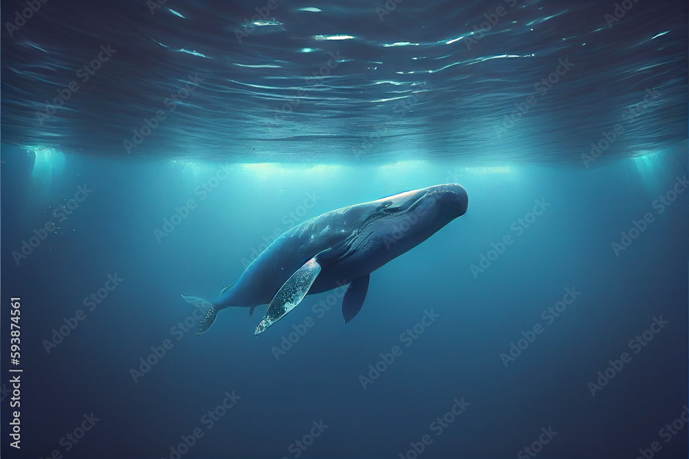 A big blue whale from the depth of the ocean. Generative AI A big blue whale from the depth of the ocean. Generative AI
