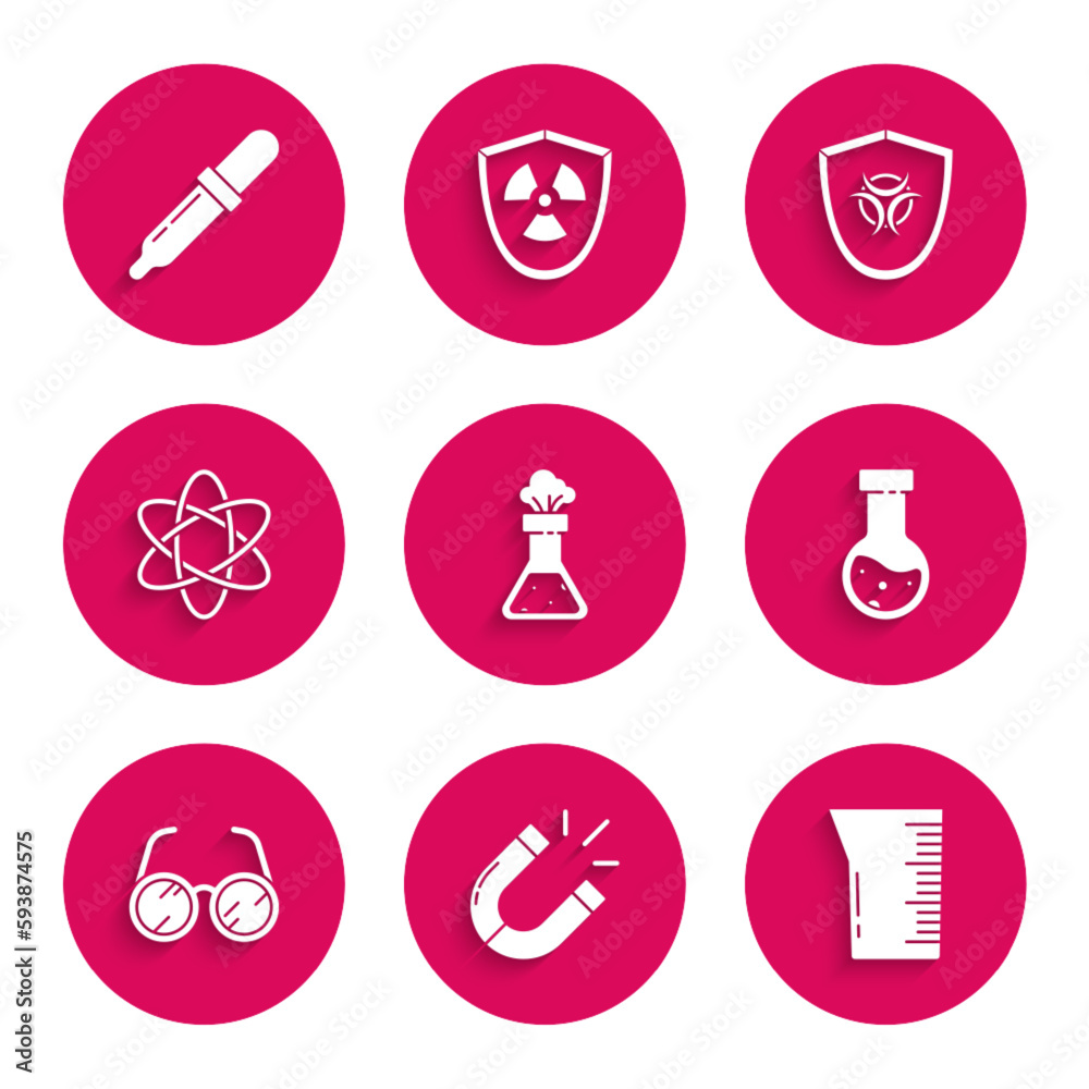 Set Test tube and flask chemical, Magnet, Laboratory glassware or beaker, glasses, Atom, Biohazard symbol on shield and Pipette icon. Vector Set Test tube and flask chemical, Magnet, Laboratory glassware or beaker, glasses, Atom, Biohazard symbol on shield and Pipette icon. Vector