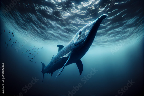 A big blue whale from the depth of the ocean. Generative AI © Sinan Hippocampus