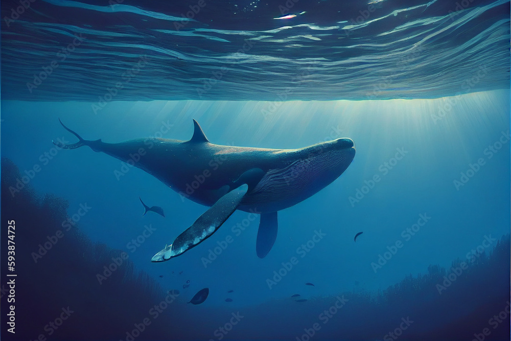 Fototapeta premium A big blue whale from the depth of the ocean. Generative AI