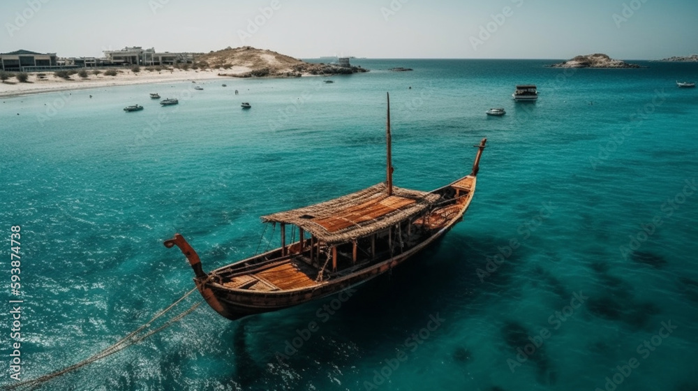 Aerial drone ultra wide panoramic photo of traditional wooden fishing boat anchored in crystal clear turquoise sea in island  Generative AI