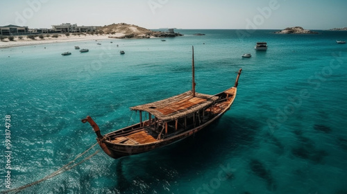 Aerial drone ultra wide panoramic photo of traditional wooden fishing boat anchored in crystal clear turquoise sea in island Generative AI