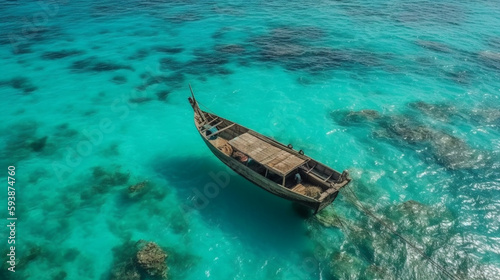 Aerial drone ultra wide panoramic photo of traditional wooden fishing boat anchored in crystal clear turquoise sea in island  Generative AI © Muhammad Shoaib