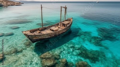 Aerial drone ultra wide panoramic photo of traditional wooden fishing boat anchored in crystal clear turquoise sea in island Generative AI © Muhammad Shoaib