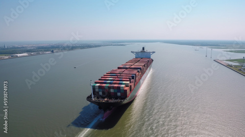 Aerial view of a large container ship being loaded at the port of Mobile Generative AI