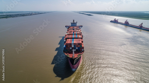 Aerial view of a large container ship being loaded at the port of Mobile Generative AI