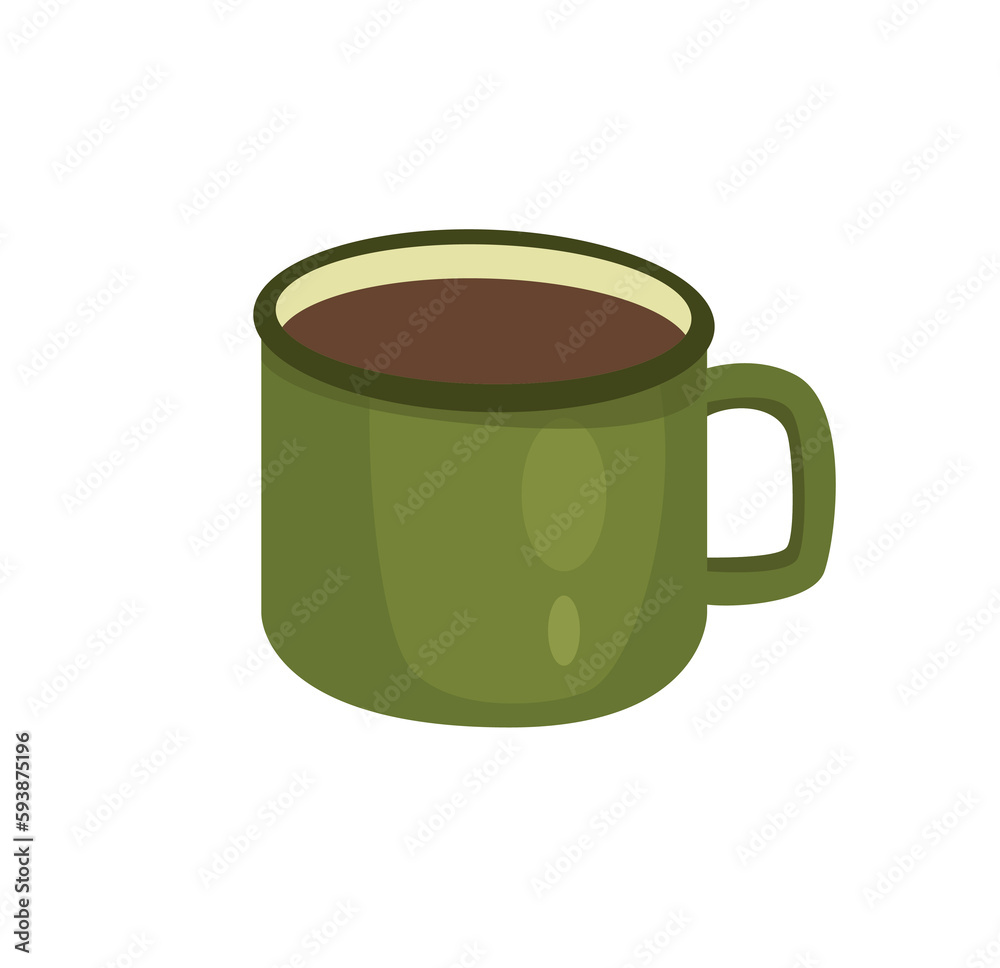 Concept Camping cup mug. The illustration is a flat vector design of a green cup for camping, depicted on a white background. Vector illustration. Concept Camping cup mug. The illustration is a flat vector design of a green cup for camping, depicted on a white background. Vector illustration.