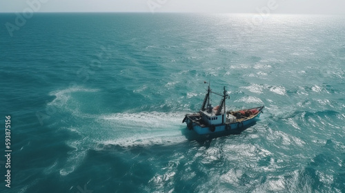 Drone view of fishing boat is netting on the sea Generative AI