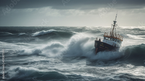 Fishboat vessel fishing in a rough sea Generative AI