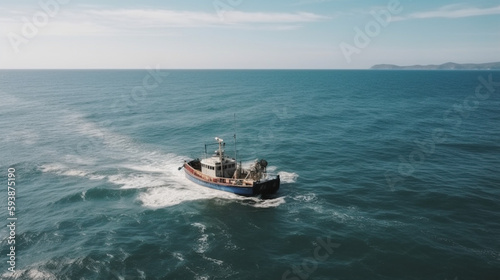 Drone view of fishing boat is netting on the sea Generative AI