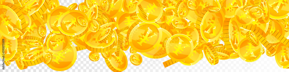Obraz premium Chinese yuan coins falling. Scattered gold CNY