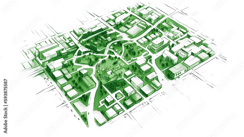 Urban planning sketch highlighting sustainable elements like green spaces, public transportation, and pedestrian zones - Generative AI - obrazy, fototapety, plakaty 