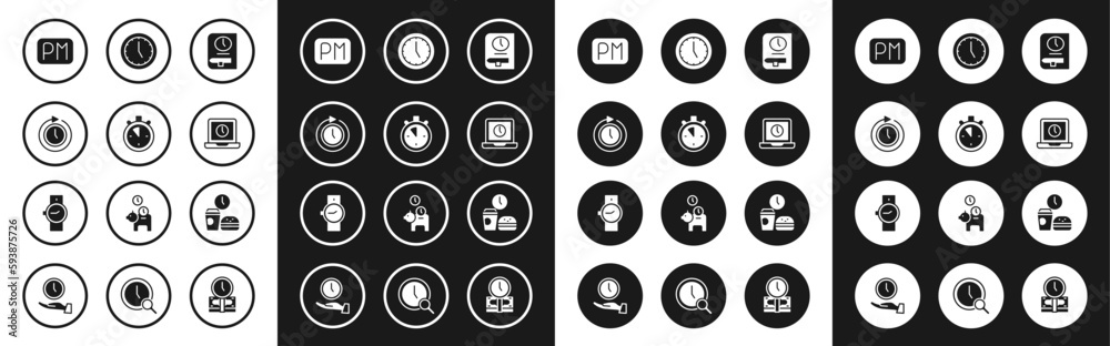 Set Time for book, Stopwatch, Clock with arrow, Day time, Laptop, Fast food and Wrist icon. Vector Set Time for book, Stopwatch, Clock with arrow, Day time, Laptop, Fast food and Wrist icon. Vector
