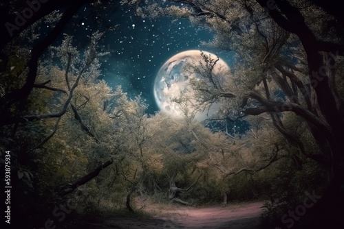 Fairy winter forest moon. Generate Ai