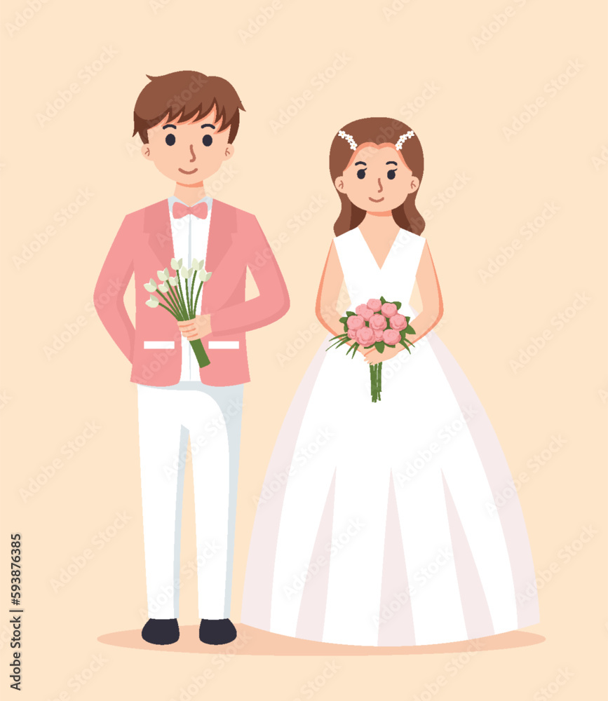 Bride in white dress and Groom in suit. Couple wedding vector illustration Bride in white dress and Groom in suit. Couple wedding vector illustration