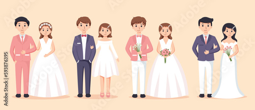 Set of Bride in white dress and Groom in suit. Couple wedding vector illustration