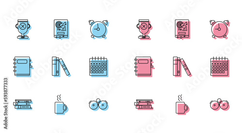 Set line Office folders with papers and documents, Coffee cup, Award, Ringing alarm bell, Calendar, Notebook and Board graph chart icon. Vector