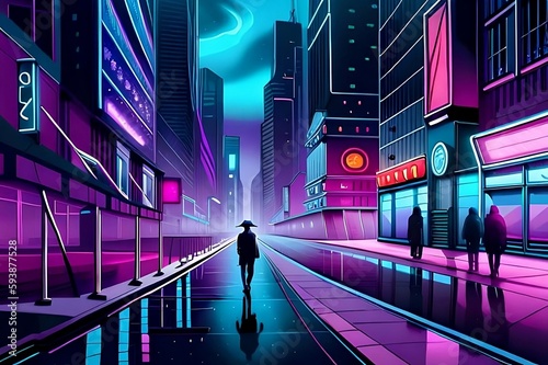 A mesmerizing artwork capturing the essence of a cyberpunk metropolis on a rainy night, with neon lights reflecting off wet streets and towering skyscrapers looming in the background. © Flixz
