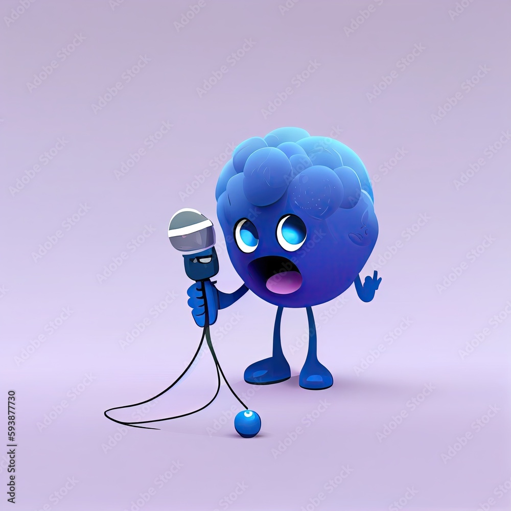 cute blueberry cartoon character singing into the microphone, cartoon