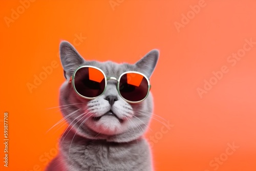 portrait cute funny animal pet cat colourful fashion neon sunglasses. Generative AI.