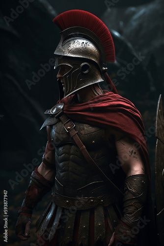 Spartan warrior in medieval armor and red cloak standing in an ancient city. Generative AI