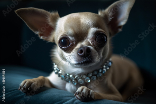 Portrait of a chihuahua wearing a diamond collar on a blue velvet couch – Generative AI © Arca Crobatia