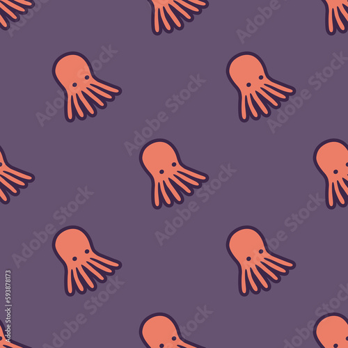 A cute purple and orange seamless pattern of the squid with a background in Beach Concept Summer Theme, illustration © natthanan