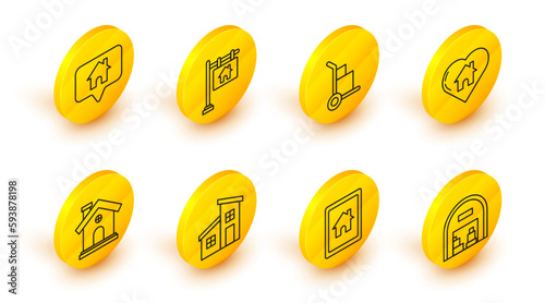 Set line Warehouse, Tablet and smart home, House, with heart shape, Hand truck boxes, Hanging sign text Sale and Map pointer icon. Vector