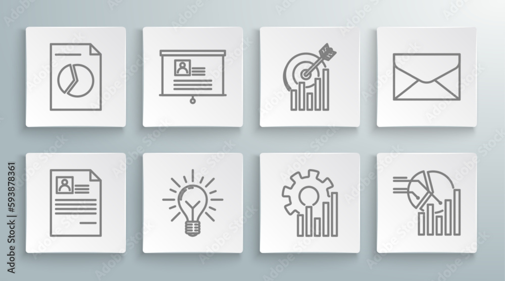 Set line Resume, Board with resume, Light bulb rays shine and concept of idea, Pie chart infographic, Target, Envelope and Document icon. Vector Set line Resume, Board with resume, Light bulb rays shine and concept of idea, Pie chart infographic, Target, Envelope and Document icon. Vector