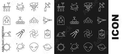 Set line Planet, Ray gun, Black hole, Mars rover, Alien, and UFO flying spaceship icon. Vector