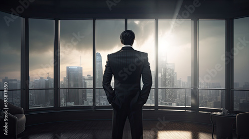 Businessman standing in office and looking at city view. Generative AI © LAYHONG