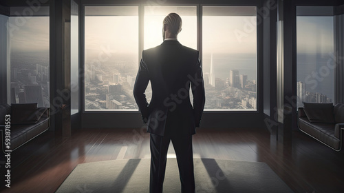 Businessman looking at the city from the window. Generative AI