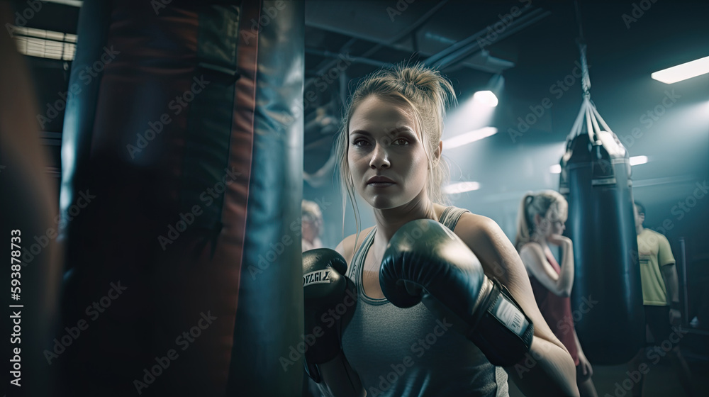Portrait of a young woman wearing boxing gloves while training in a gym, Generative AI