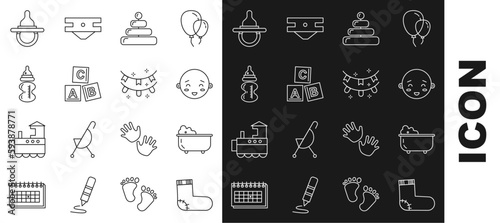 Set line Baby socks clothes, bathtub, Happy little boy head, Pyramid toy, ABC blocks, bottle, dummy pacifier and Carnival garland with flags icon. Vector